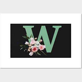 Letter W green with colorful flowers Posters and Art